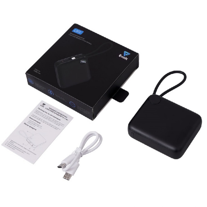 Внешний аккумулятор со встроенным кабелем «Liri», QC/PD, 10000 мАч, белый, черный. Артикул о87291