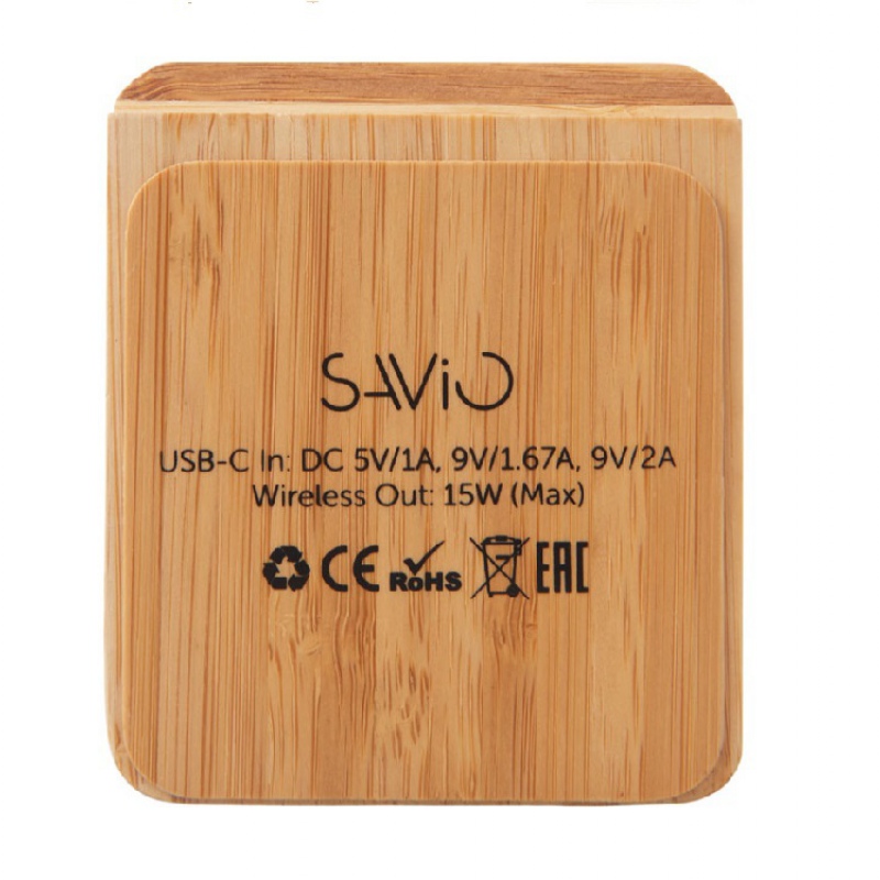 Беспроводное зарядное устройство 2-в-1 с подсветкой лого «Reedia S4», 15 Вт, черный/натуральный. Артикул о5911017