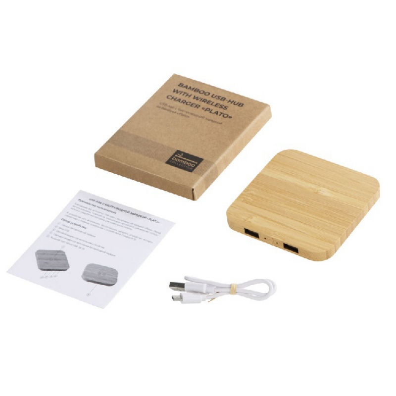 USB-хаб с беспроводной зарядкой из бамбука «Plato», 5 Вт. Артикул о591075