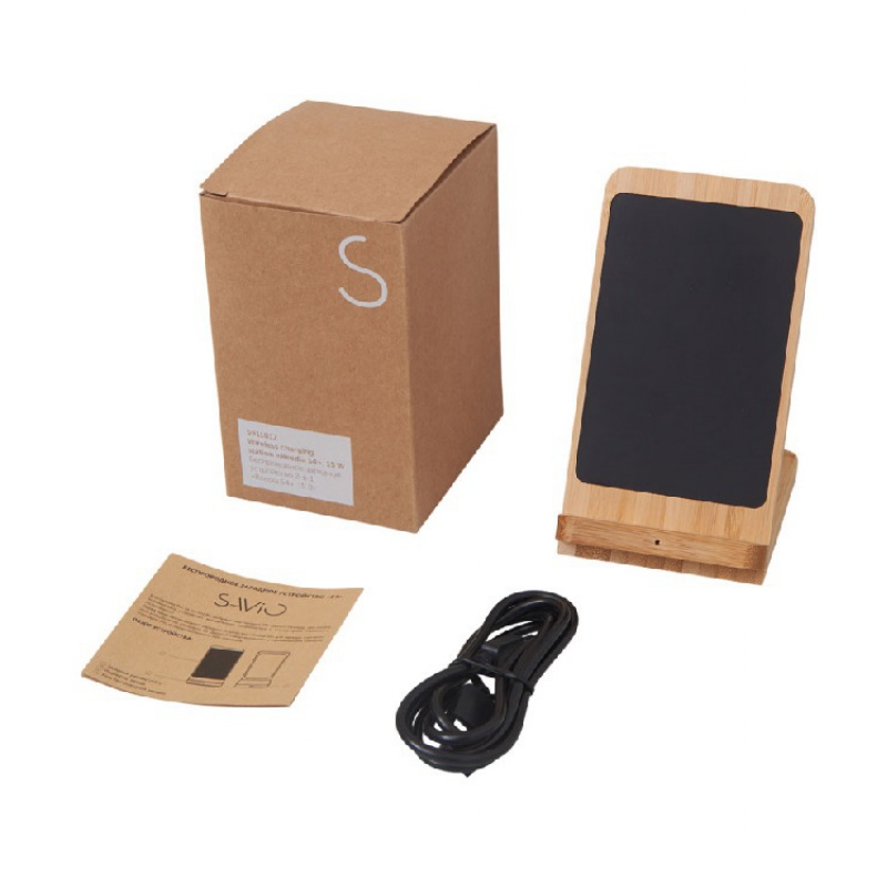 Беспроводное зарядное устройство 2-в-1 с подсветкой лого «Reedia S4», 15 Вт, черный/натуральный. Артикул о5911017