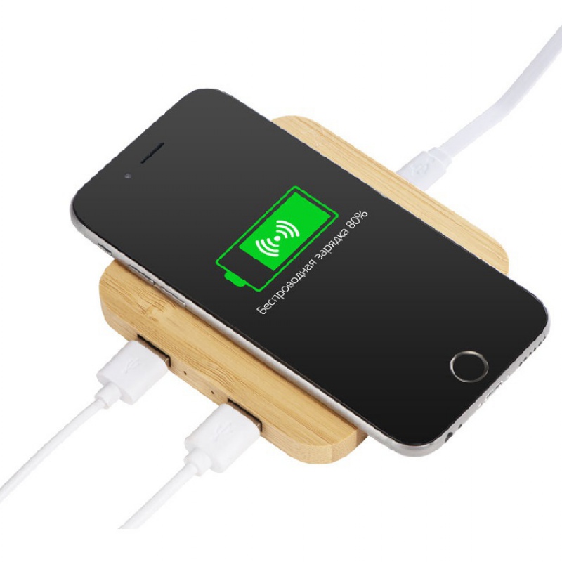 USB-хаб с беспроводной зарядкой из бамбука «Plato», 5 Вт. Артикул о591075