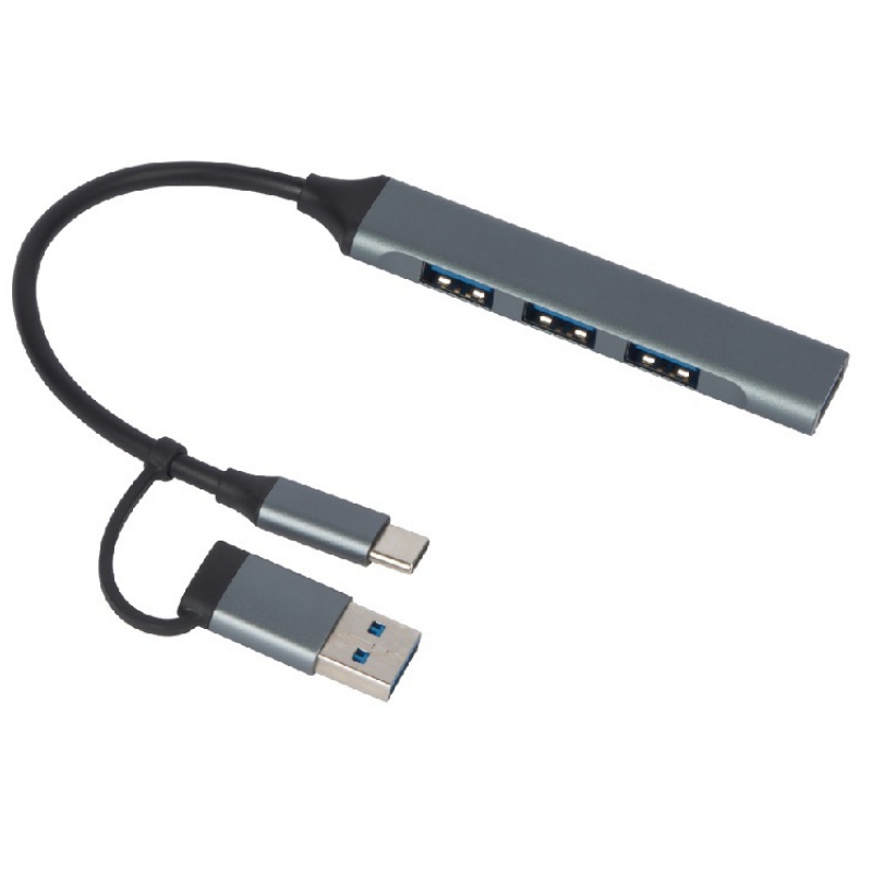 USB-хаб «Link» с коннектором 2-в-1 USB-C и USB-A, 2.0/3.0, серый, черный. Артикул о97565