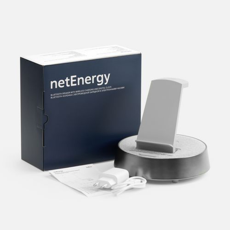 Bluetooth-колонка с беспроводной зарядкой и часами netEnergy, серая. Артикул р16847.10